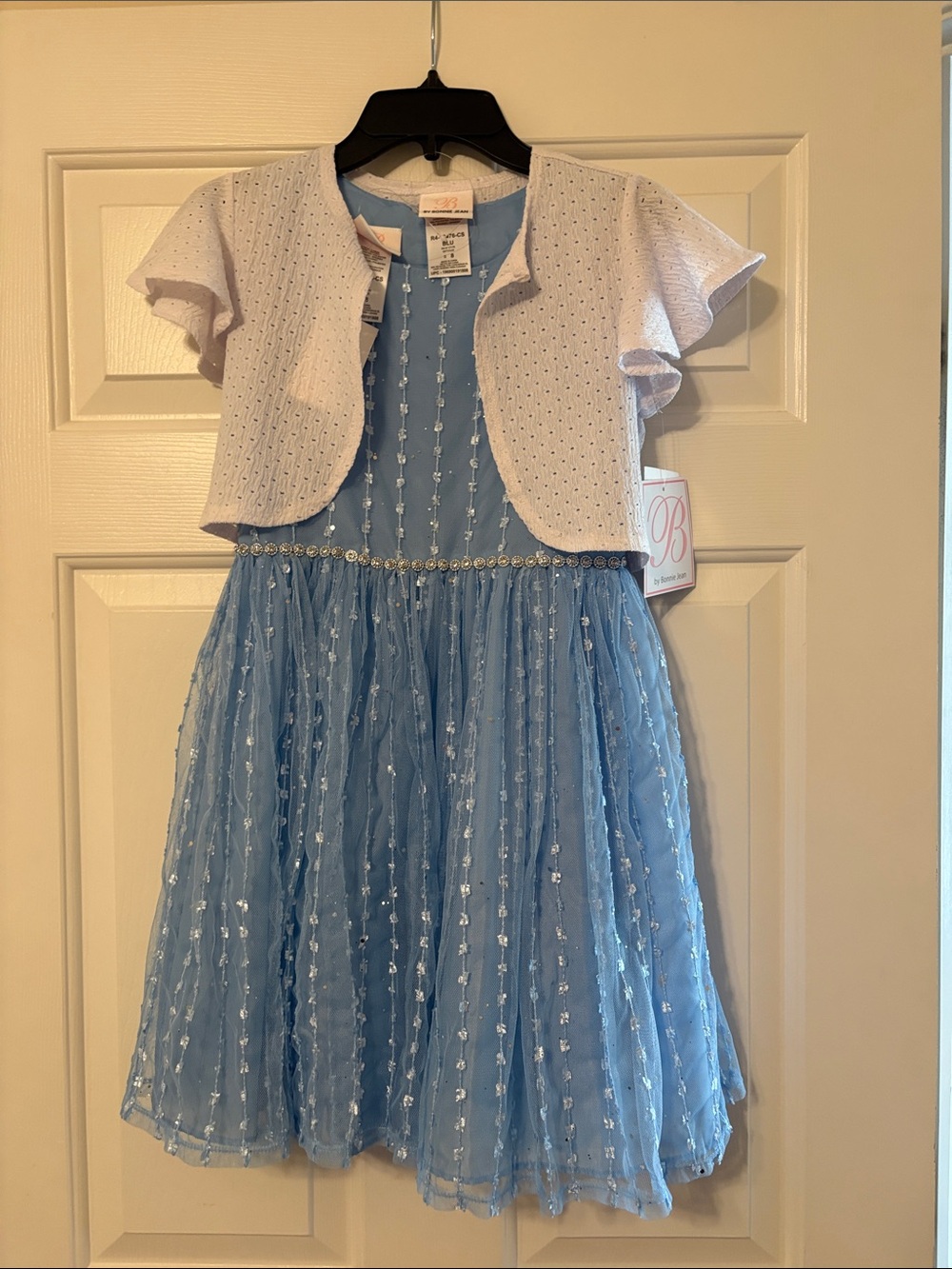 Light Blue Embellished Tulle Dress with white Bolero for Girls